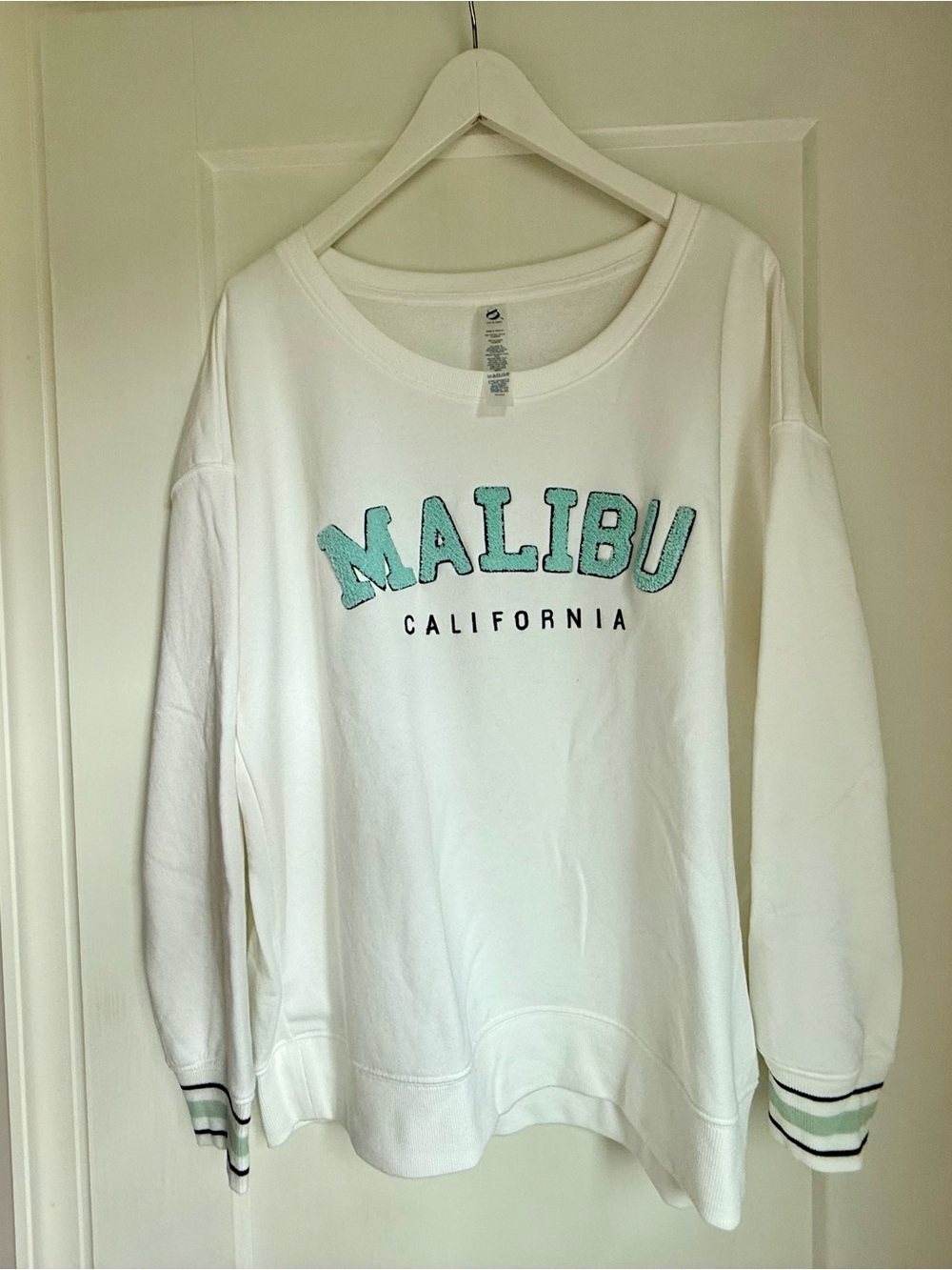 Lou & Grey Malibu California Graphic Sweatshirt - White with Aqua Lettering